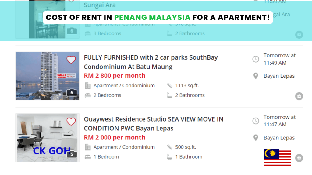 Cost of rent and accommodation In Penang Malaysia