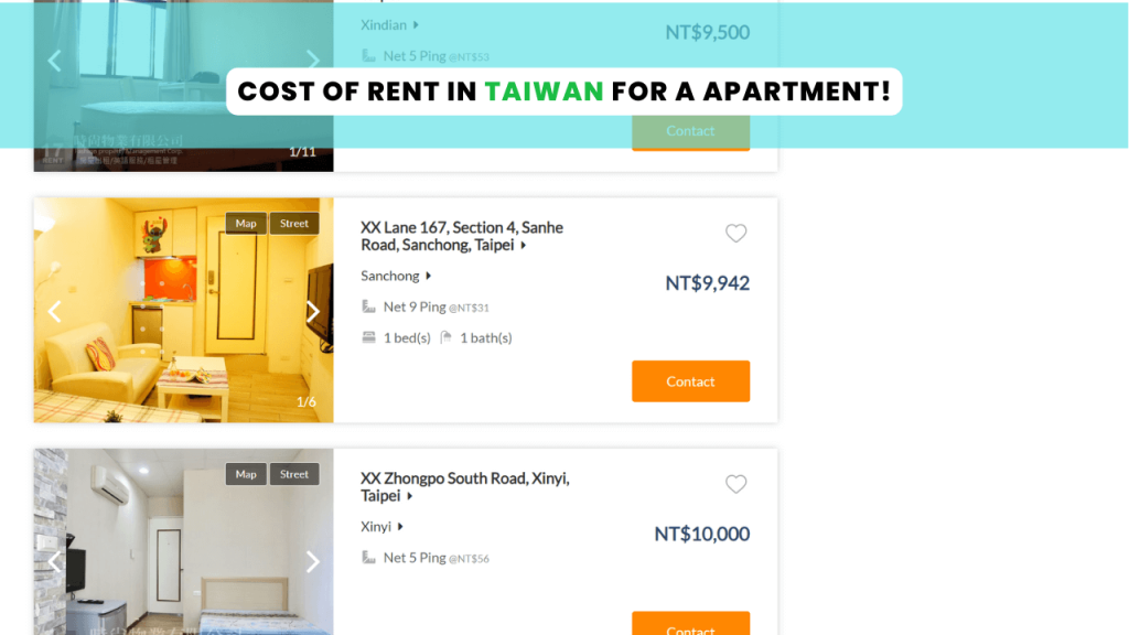 Cost of rent and accommodation In Taiwan