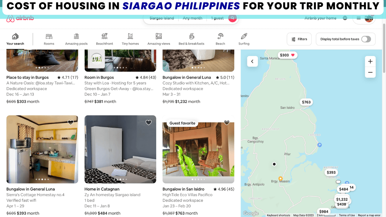 cost of housing in Siargao Philippines during your trip